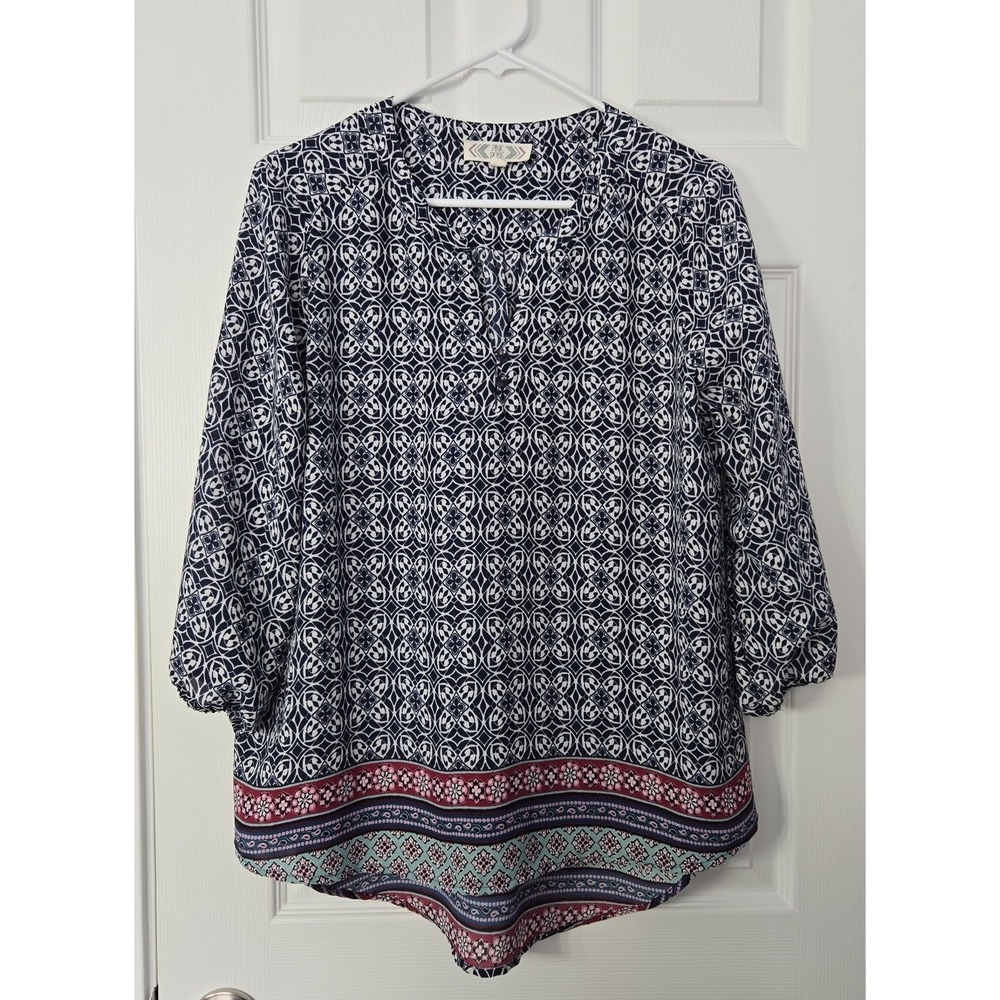 Pink Rose Womans Blouse Size XL 3/4 Sleeve Blue